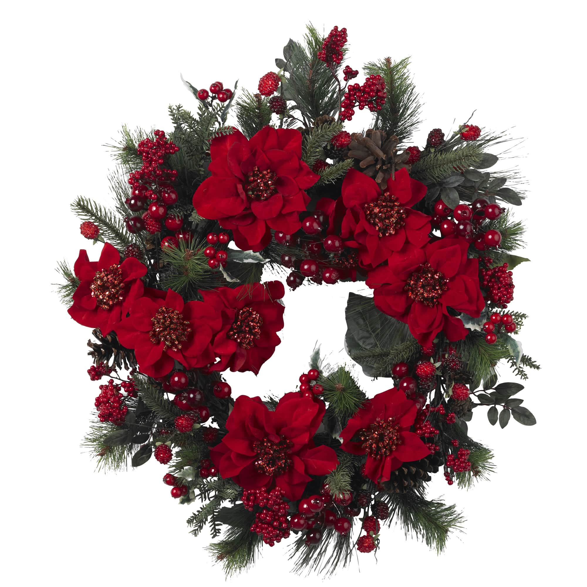 24" Red Poinsettia & Berry Wreath